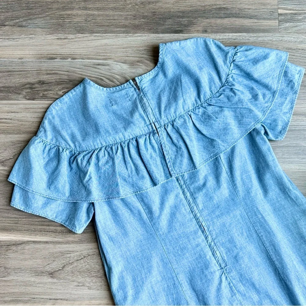 J.Crew Edie Chambray Ruffle Shift Cotton Yoke Dress –With Pockets -‎  Size 4